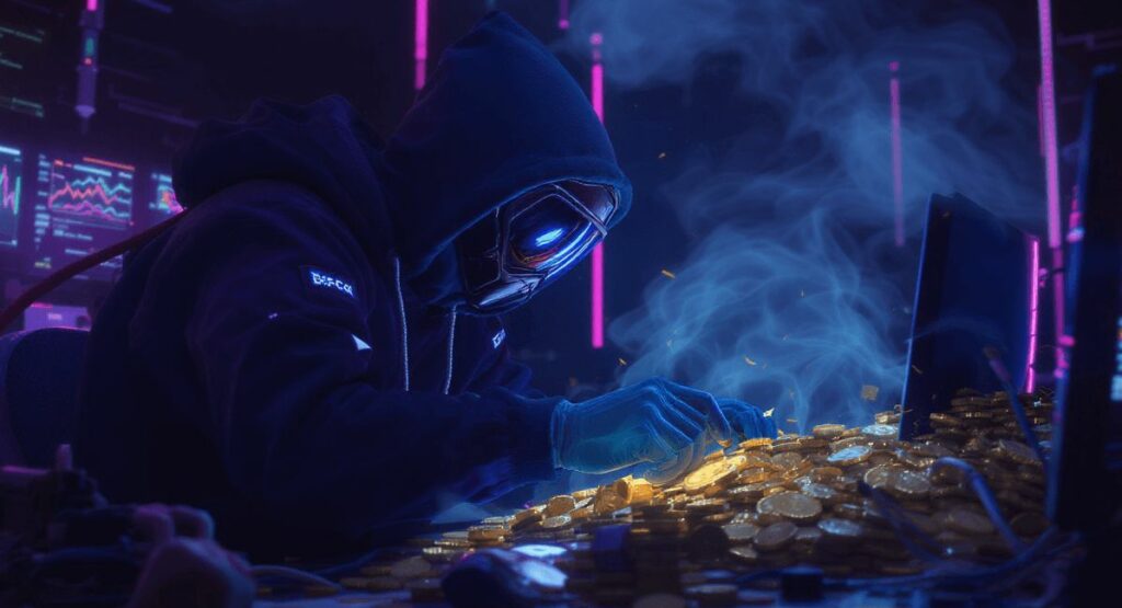 Człowiek kopiący bitcoiny przy komputerze