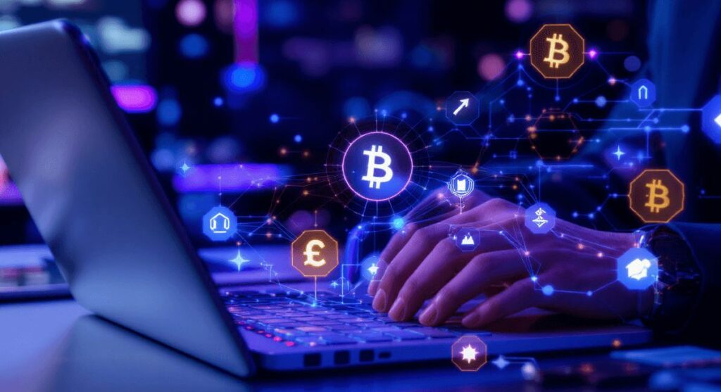 Laptop i ręce wśród symboli bitcoin