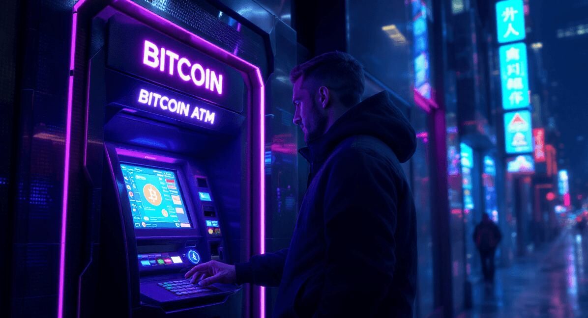 Mężczyzna przy bitcoin atm w mieście