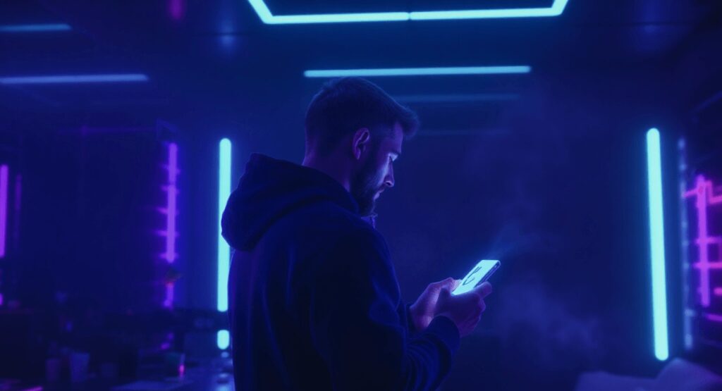 Mężczyzna w niebieskim świetle z tekefonem.