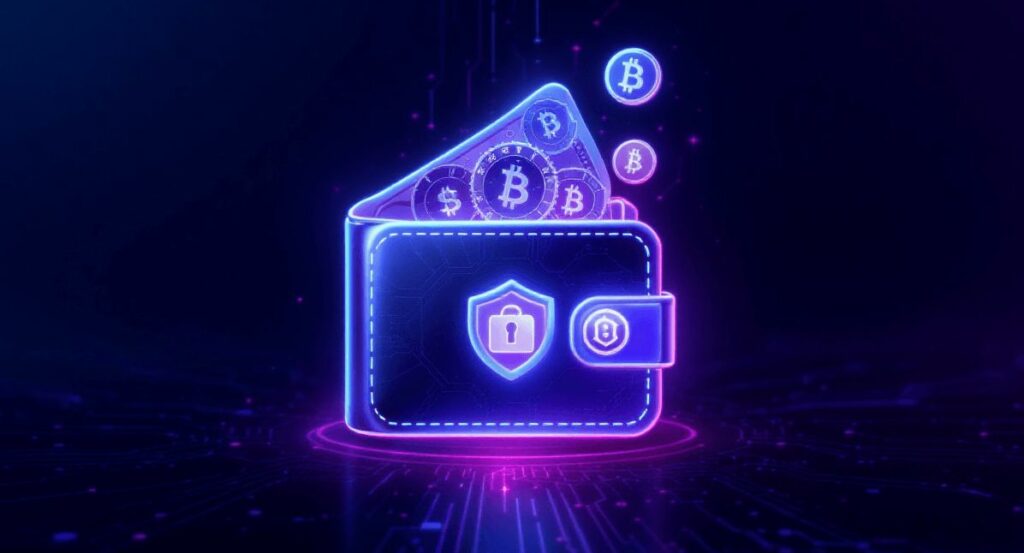 Portfel z wylatującymi monetami z symbolem bitcoina