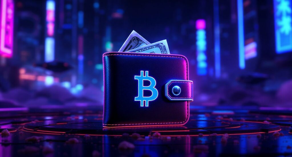 Portfel z bitcoinem i gotówką