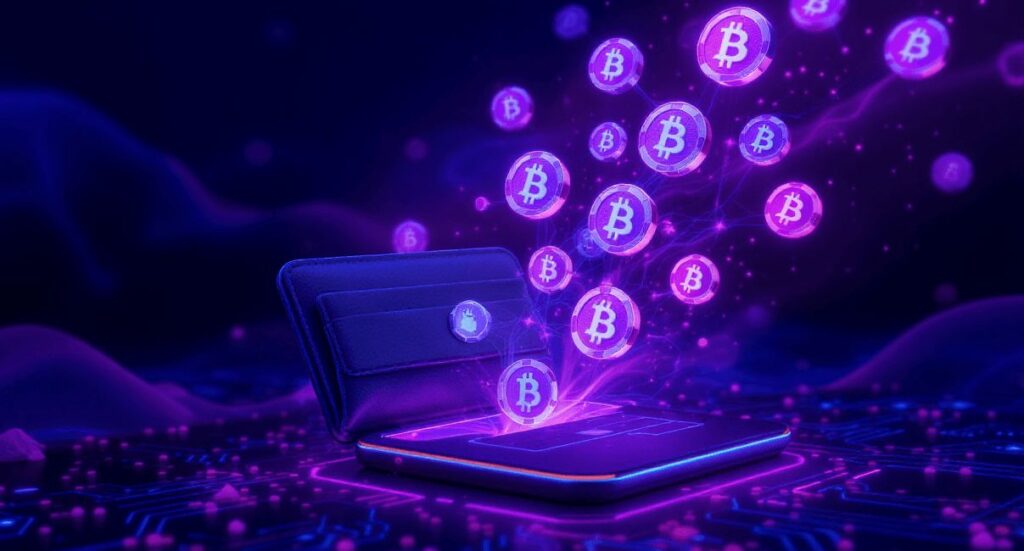 Portfel z wlatującymi bitcoinami