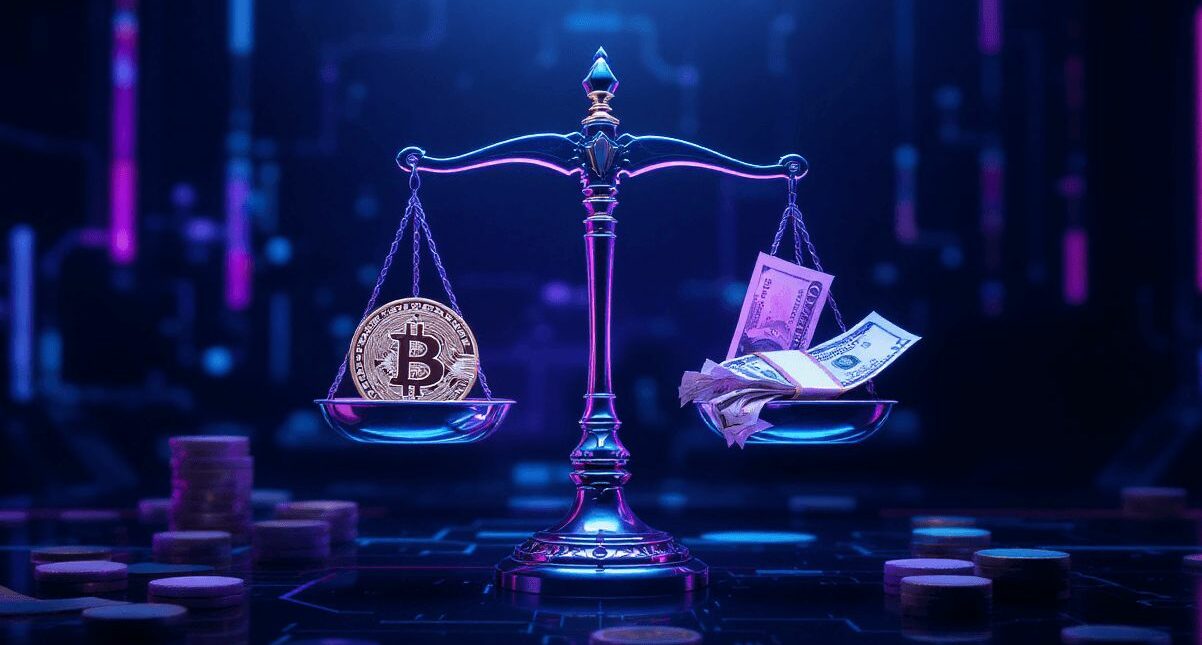 Stara waga z bitcoinem i gotówką