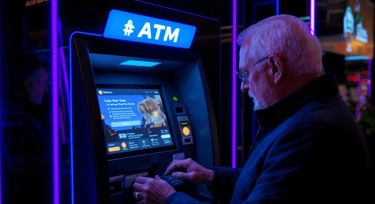 Starszy mężczyzna przy bitcoin atm