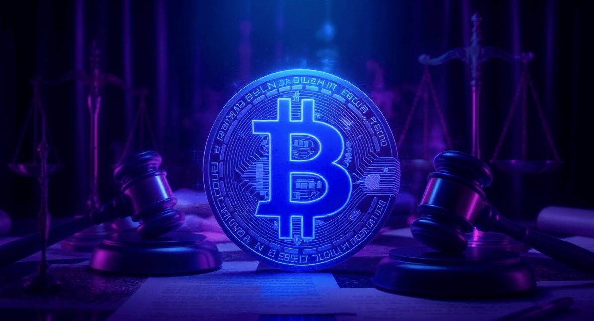 Symbol bitcoina i młotki sądowe