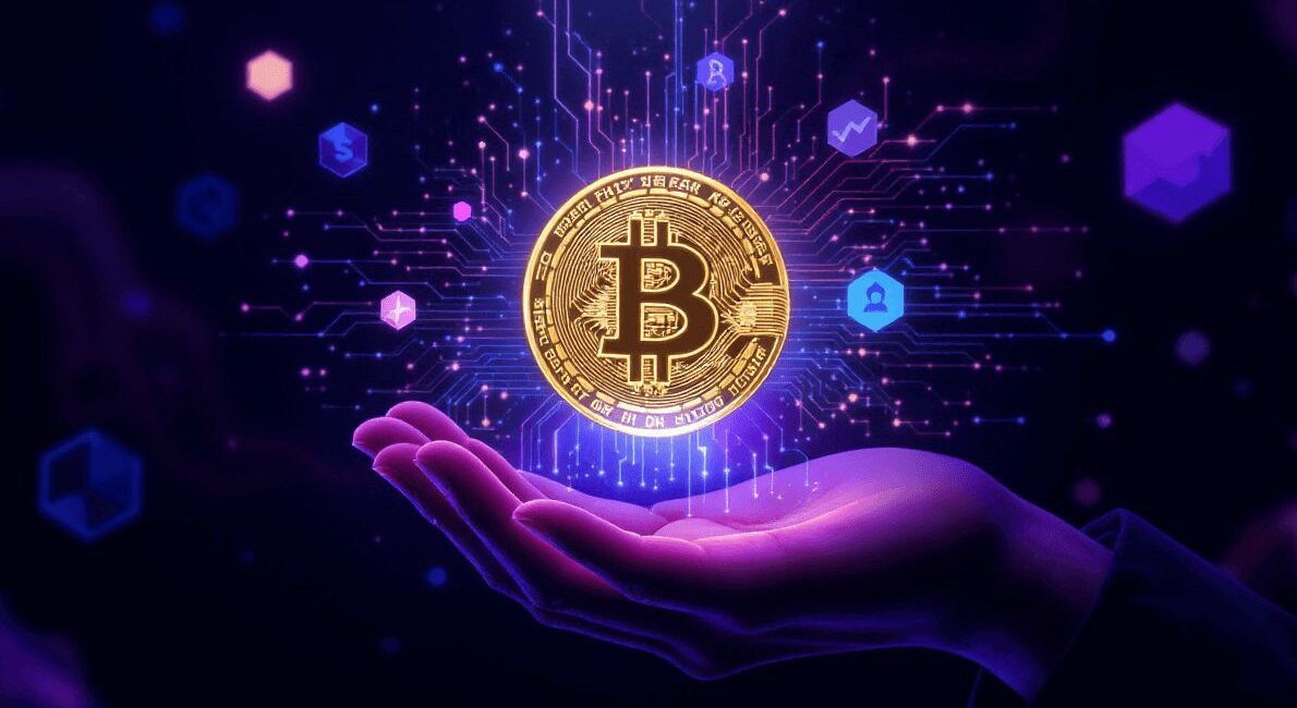 Symbol bitcoin unoszący się nad dłonią