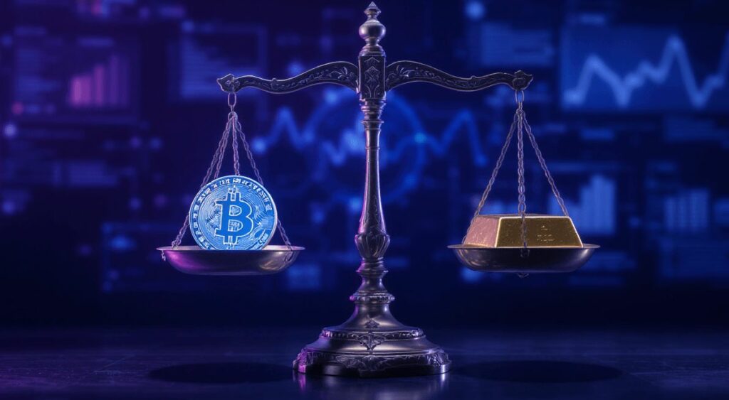 Waga z bitcoinem i złotem