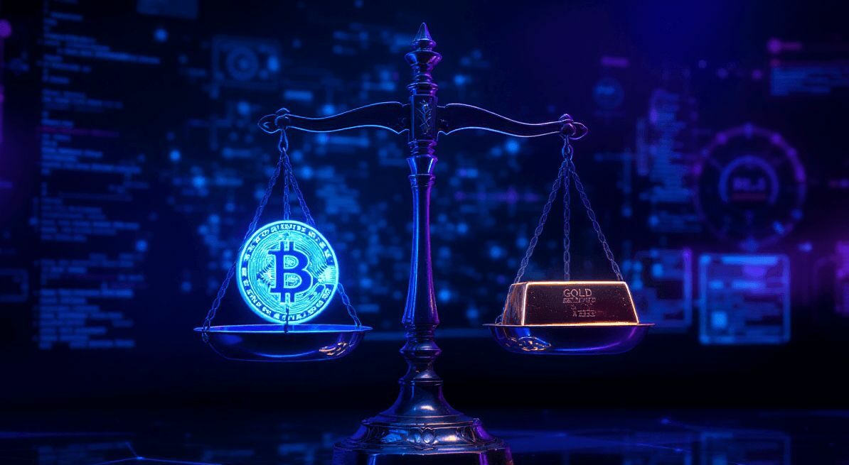 Waga z symbolem bitcoina i sztabka złota