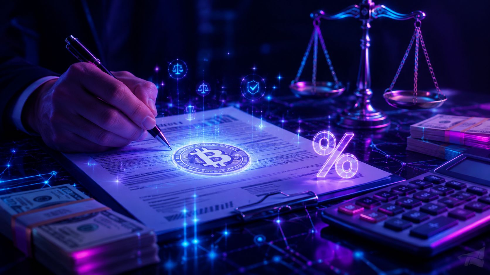 Ręka podpisująca dokumenty związane z Bitcoin