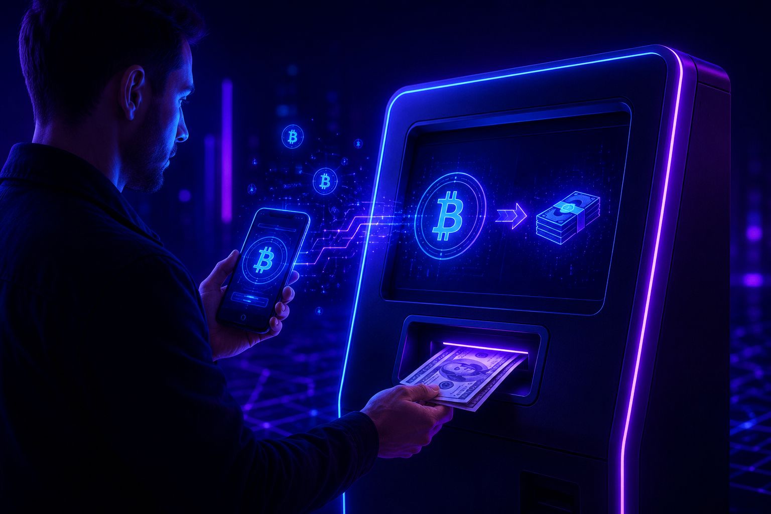 Mężczyzna z telefonem przy Bitcoin ATM